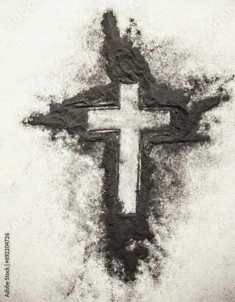 Fototapeta Christian Cross Rysowanie w popioła jako symbol religii. Ofiara, Jezus Chrystus, popielniczka środowa koncepcja