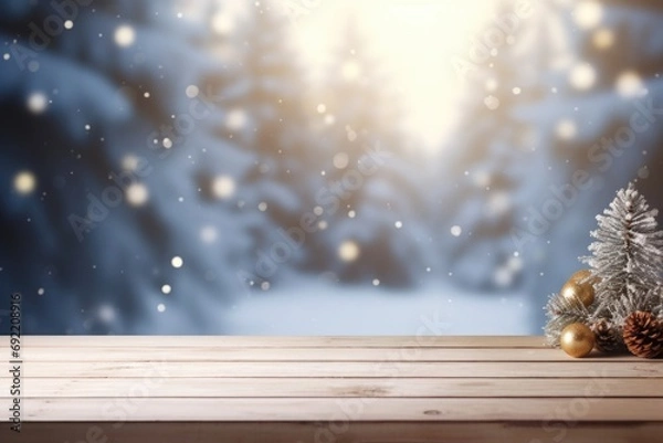 Fototapeta A wooden table adorned with pine cones and ornaments. This picture can be used to decorate holiday-themed articles or create festive social media posts