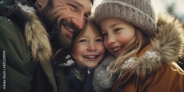 Fototapeta A heartwarming image of a man with a beard embracing a young girl. Perfect for illustrating love, family, and bonding moments. Ideal for use in advertisements, brochures, and social media campaigns
