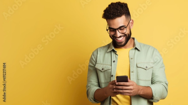 Fototapeta Portrait of a Charming male entrepreneur with hand in pocket smiling and messaging over mobile phone. Happy young man wearing denim shirt and eyeglasses standing isolated on yellow background