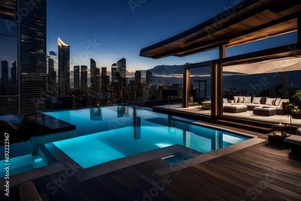 Fototapeta Capture the essence of elegance in an image featuring a pool house with a retractable roof, modern lounge chairs, and an infinity pool overlooking city lights