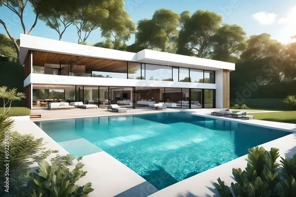 Fototapeta Generate an image showcasing a pool house with a natural design, blending seamlessly with its surroundings and a pool integrated into the landscape