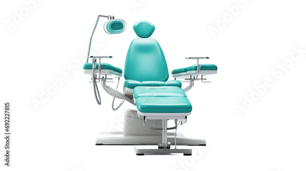 Fototapeta A dental chair with a light and a chair, ready for a patient's examination and treatment, isolated in the image