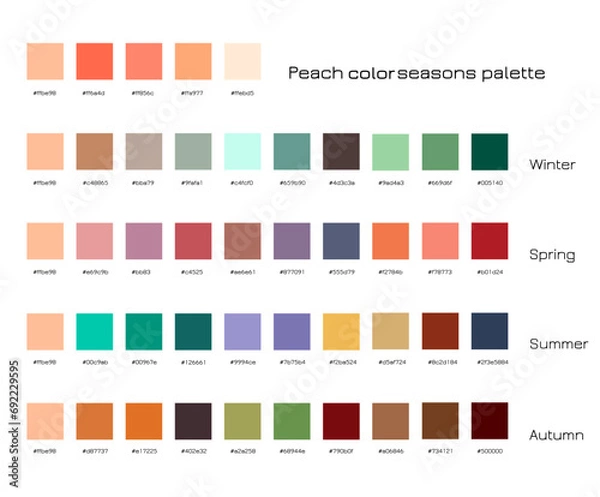 Fototapeta Peach color palette. Winter, spring, summer, autumn seasons color samples with hex codes. Color trends concept.
