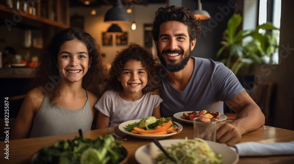 Fototapeta portrait of a latin family of a father and two daughters having lunch in a restaurant