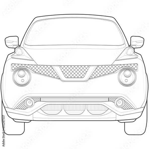 Fototapeta car outline vector. front view car with line art style. isolated car vector art. hand drawn car vector.