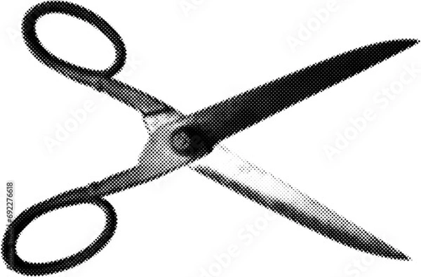 Obraz Scissors in halftone dots texture, isolated black and white vector design element