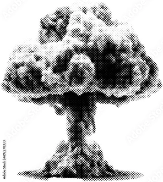Fototapeta Atomic bomb explosion in halftone dots texture, isolated black and white vector design element