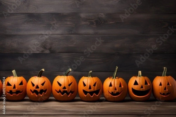 Fototapeta Jack-o'-lanterns arranged in a row with space for your Halloween messages