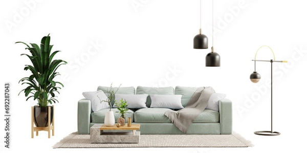 Obraz Green sofa and decor in living room on transparent background.3d rendering
