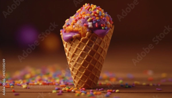 Obraz Multi colored ice cream cone with candy and chocolate decorations generated by AI