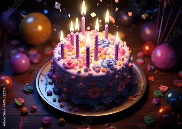 Fototapeta A photorealistic image of a birthday cake with vibrant colors and intricate details, captured from