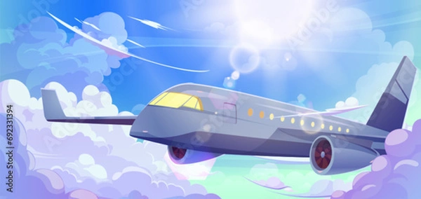 Fototapeta Passenger airplane flying high in sky above clouds against blue sky with sun. Cartoon vector landscape with liner making flight. Banner for aviation services and vacation travel on jet concept.
