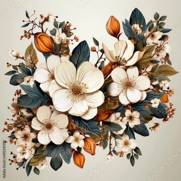 Obraz Frame Flowers Branches Leaves Petals Isolated, White Background, For Design And Printing
