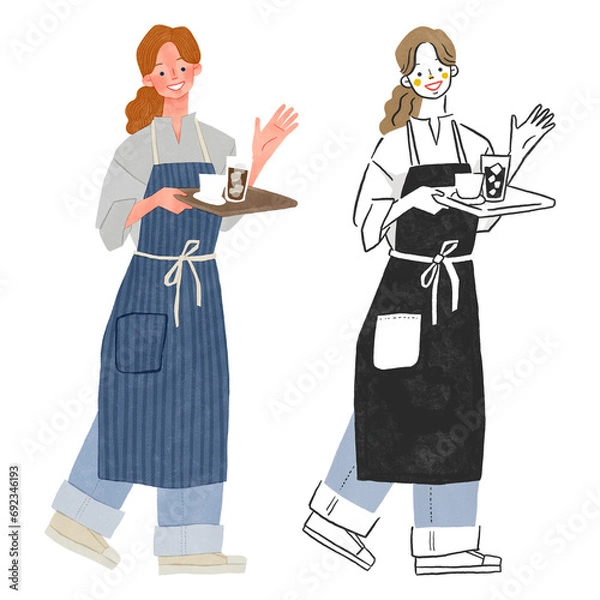 Obraz カフェで働くエプロンをする女性全身手描きイラスト