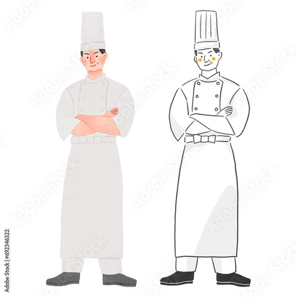 Obraz 飲食店で働くエプロンをする料理人の男性全身手描きイラスト