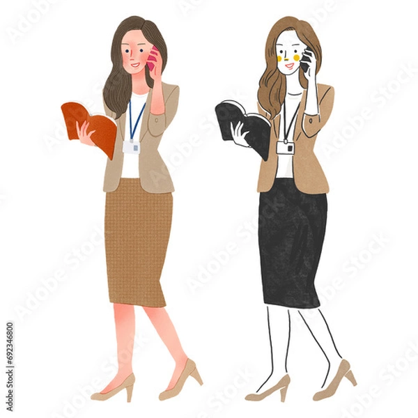 Obraz オフィスで働く電話をする女性全身手描きイラスト