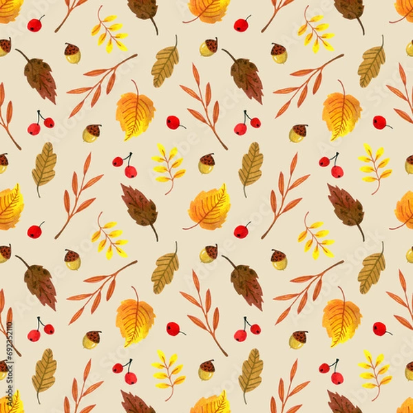 Fototapeta seamless pattern of autumn leaves and berries on a colored background