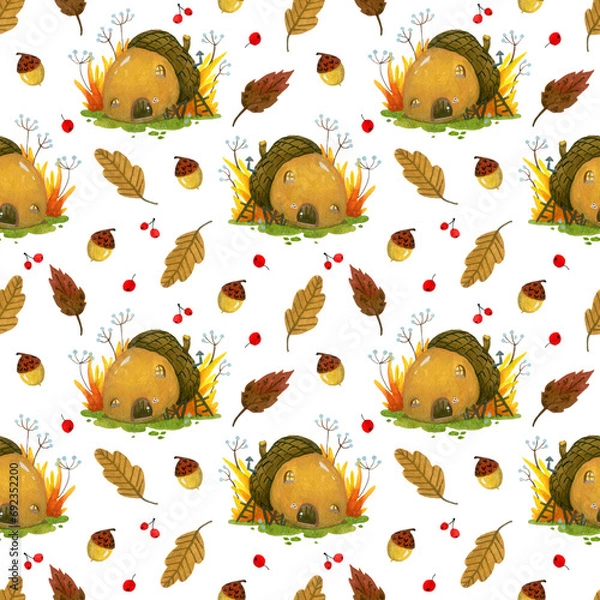 Fototapeta seamless pattern of small forest houses on a white background