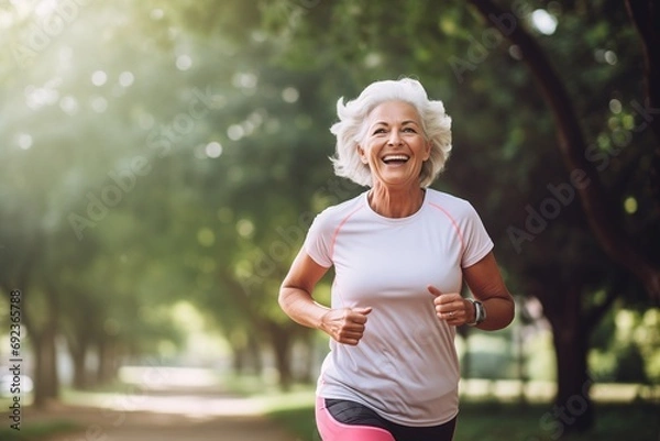 Obraz Portrait of smiling senior woman jogging in park on a sunny day.