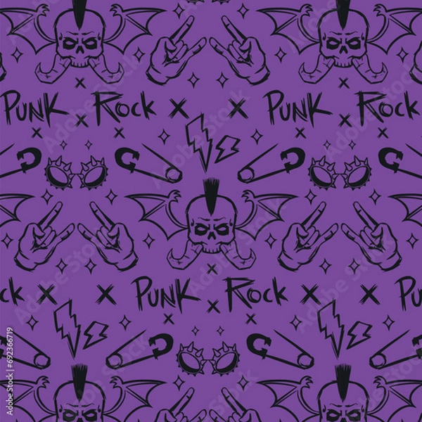 Obraz Hand drawn scream punk rock skull head seamless pattern illustration