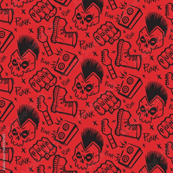 Obraz Hand drawn scream punk rock skull head seamless pattern illustration
