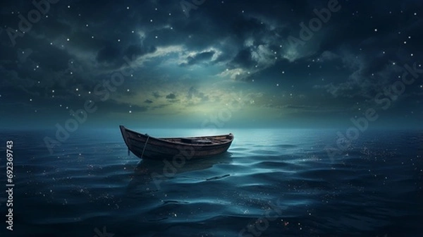 Fototapeta boat in the story sea at night generated by AI tool
