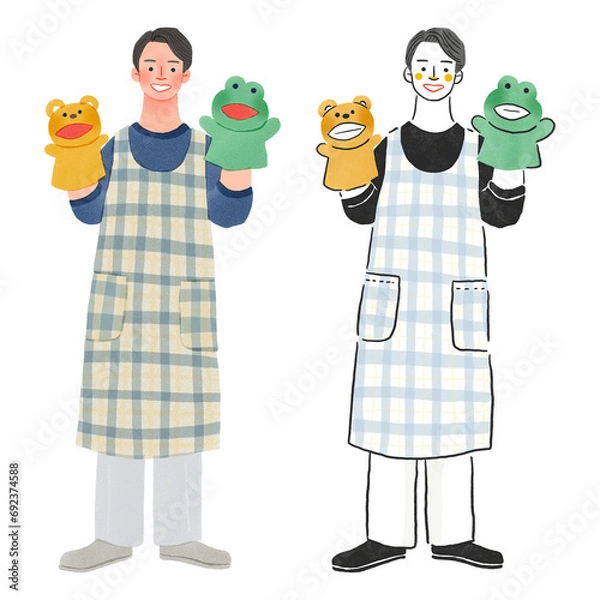 Fototapeta ぬいぐるみを持った保育士の男性の先生全身手描きイラスト