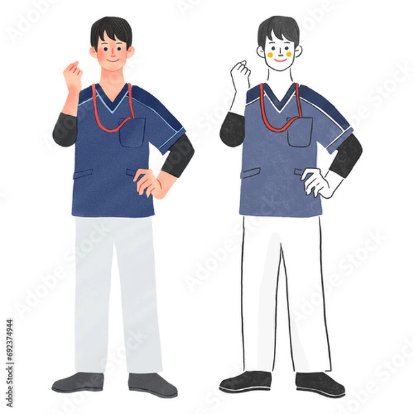 Obraz ガッツポーズをする男性看護師の全身手描きイラスト