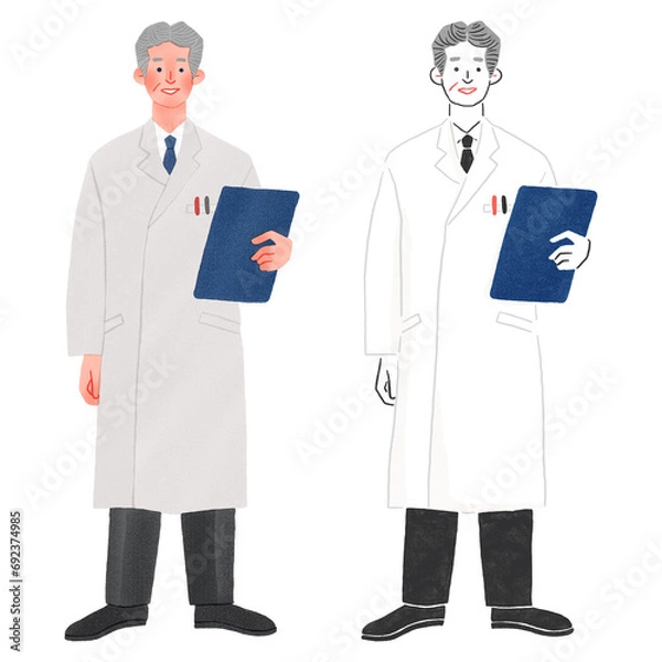 Obraz 白衣を着た病院の男性の先生の全身手描きイラスト
