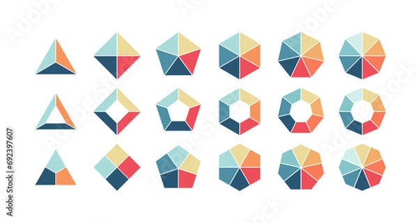 Fototapeta Business infographics. Triangle, square, pentagon, hexagon, heptagon, octagon. Charts with 3, 4, 5, 6, 7, 8 steps, options. Vector diagram.
