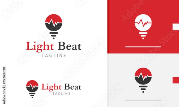 Fototapeta Logo design icon of light bulb lamp with pulse beat outline for hospital health monitor diagnose