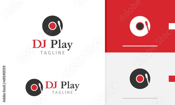 Fototapeta Logo design icon of spinning circle dj cd disk vinyl with gramaphone playing music disco club studio
