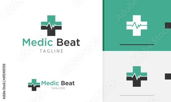 Fototapeta Logo design icon of plus health shape with pulse beat outline for hospital care monitor diagnose