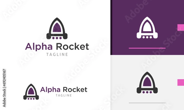 Fototapeta Logo design icon of modern rocket aircraft take off flying up to sky space with silhouette letter A