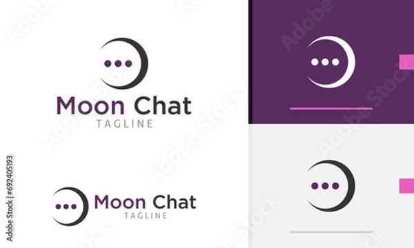 Fototapeta Logo design icon of crescent half moon in the sky with chat bubble message communication community