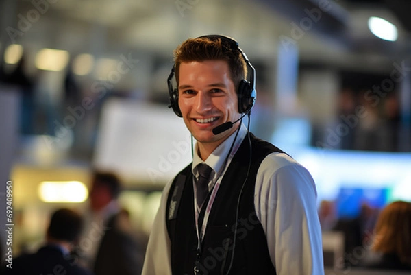 Fototapeta Corporate Event Coordinator: Smiling Male Host with Headset - Event Planning, Professional Organizer, Business Conference, Client Services, Hospitality, Public Relations, Corporate Communication
