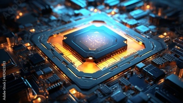 Fototapeta gpu chip close-up, integrated circuit board, with orange elements