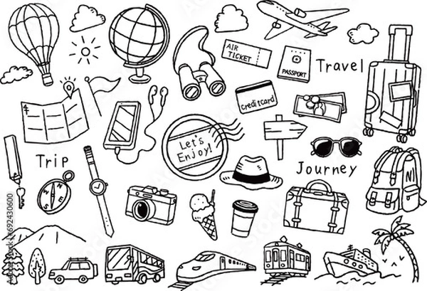 Obraz 手書きの旅行イラストセット　白黒線画