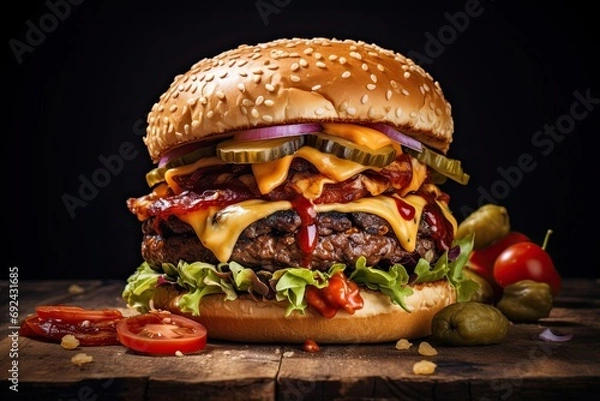 Fototapeta Appetizing burger on a dark background.