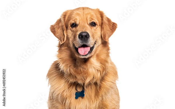 Fototapeta Head shot of a Happy panting Golden retriever dog looking at camera, wearing a collar and identification tag