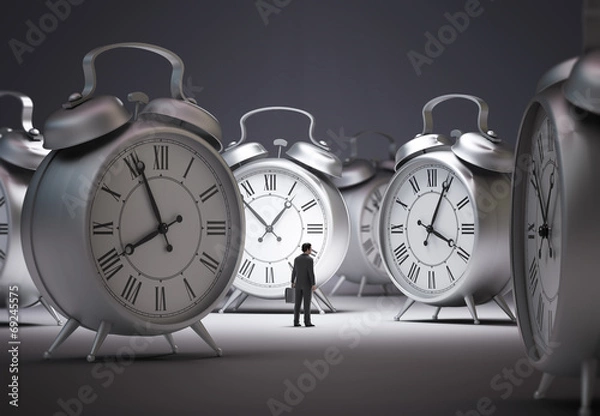Obraz Tiny businessman with alarm clocks