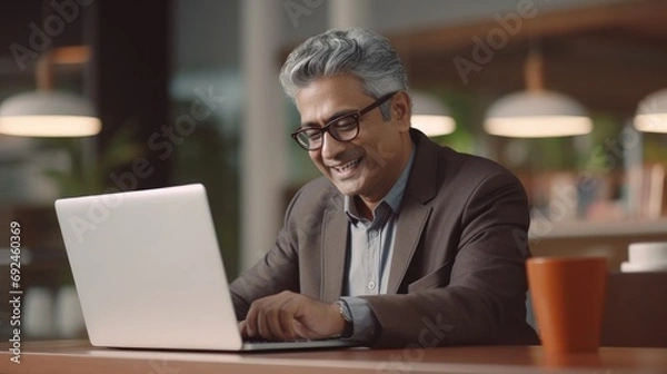 Fototapeta Smiling busy older professional business man working on laptop sitting at desk. Older mature Indian businessman, happy male executive manager typing on computer using pc technology in office