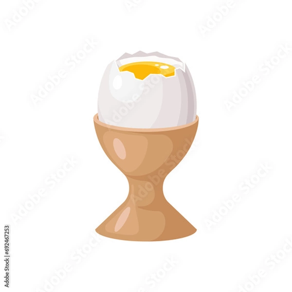 Fototapeta Boiled egg with liquid yolk on a stand. A soft-boiled chicken egg. A healthy breakfast dish. Cartoon flat vector illustration isolated on a white background