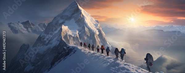 Fototapeta A group of tourists climbing on the mountains. generative ai