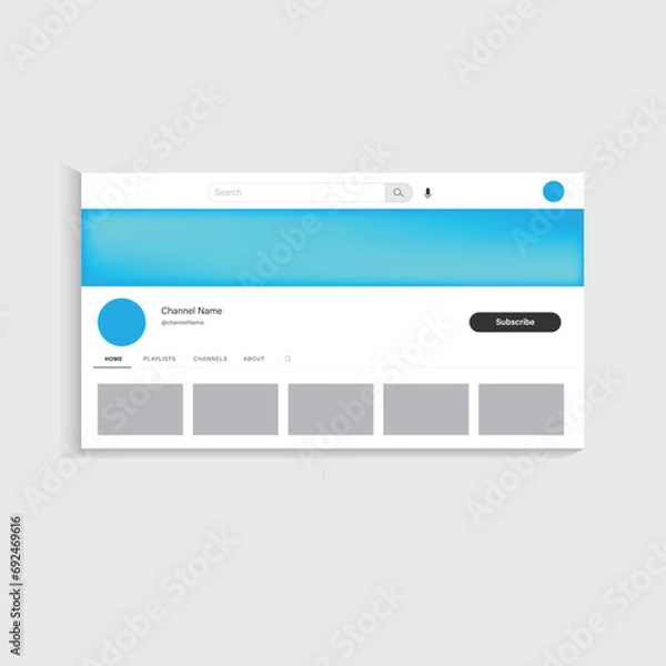 Fototapeta YouTube channel profile page mockup. UI UX template of website. Social media page for desktop. Vector Illustration mockup.