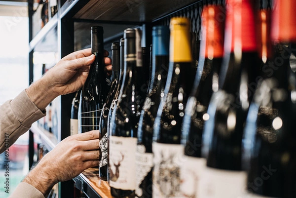 Obraz Customer Selecting Wine Bottle from Store Shelf. A person's hand picking a wine bottle from a diverse selection on a well-stocked wine shop shelf