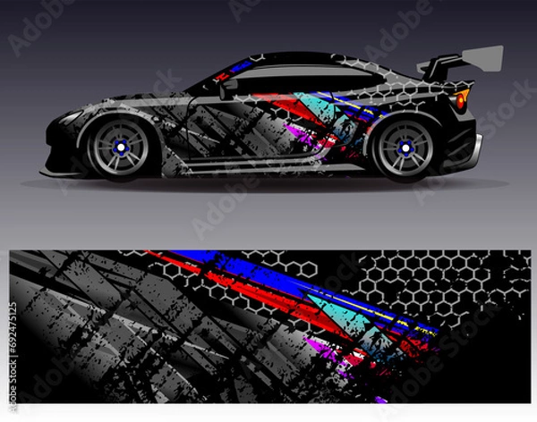 Fototapeta Car wrap design vector.Graphic abstract stripe racing background designs for vehicle, rally, race, adventure and car racing livery