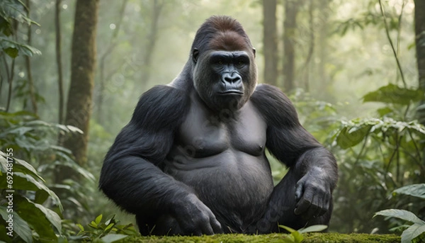 Fototapeta Gorilla in rainforest, Close-up photo of wild big black silverback monkey in the forest, Gorilla sitting in forest, generative ai