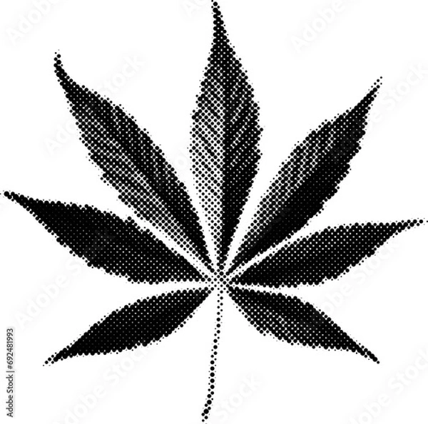 Obraz Marijuana weed leaf in halftone dots texture, isolated black and white vector design element